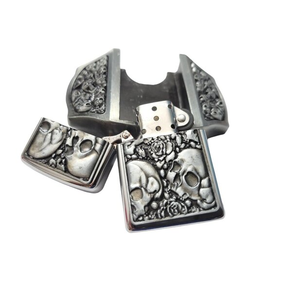 Antique Silver Metal Skulls Lighter Belt Buckle Lighter Buckle - Free Engraving - Picture 5 of 10